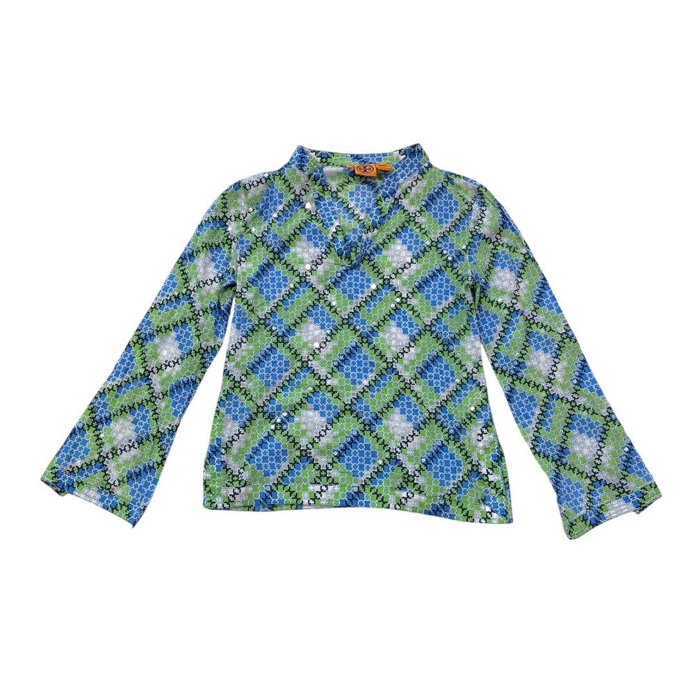 Tory Burch Tunic Top - Sz 6 - Blue/Green Print Sparkle/Studded - Like New